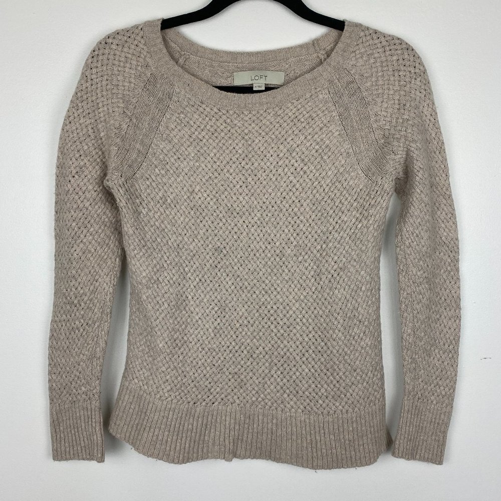 LOFT Oatmeal Lattice Knit Wool Blend Sweater Sz M